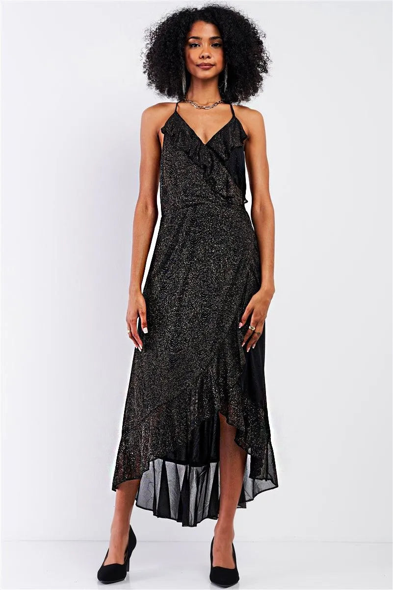 Black Gold Shiny Flounce Trim Asymmetrical Self-Tie Wrap Halter-Tie Neck Open Back Detail Midi Maxi Dress /1-2-2-1