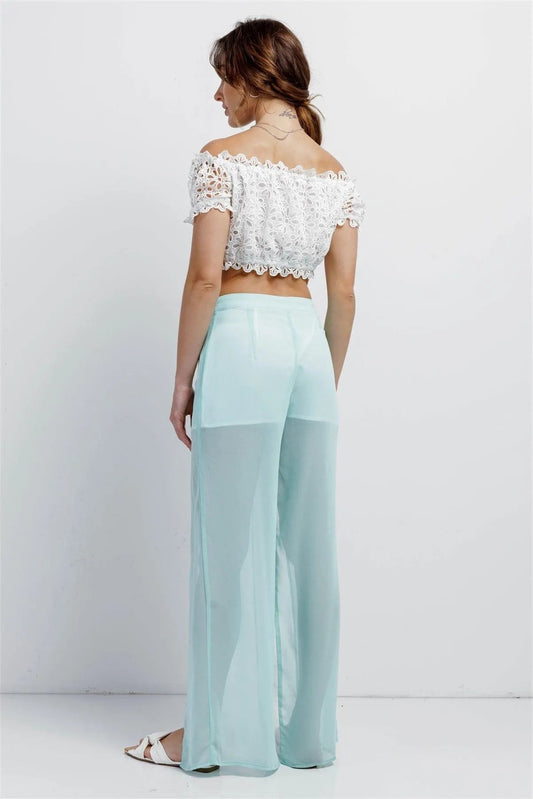 Aqua & White Color Block Semi-Sheer Chiffon High Waist Front Slit Detail Wide Leg Pants /1-2-2-1