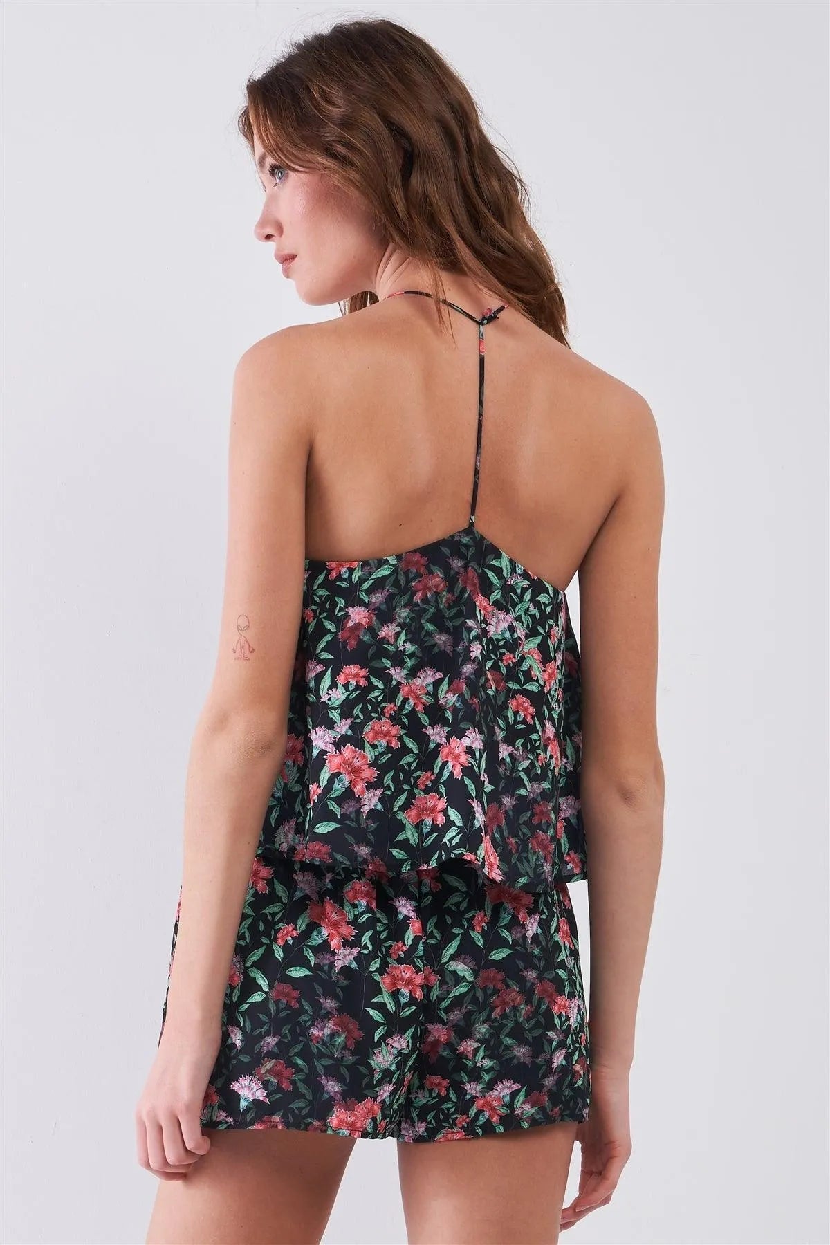 Black Floral Sleeveless Layered Halter Neck Racer Back Strap Detail Romper /2-2-2