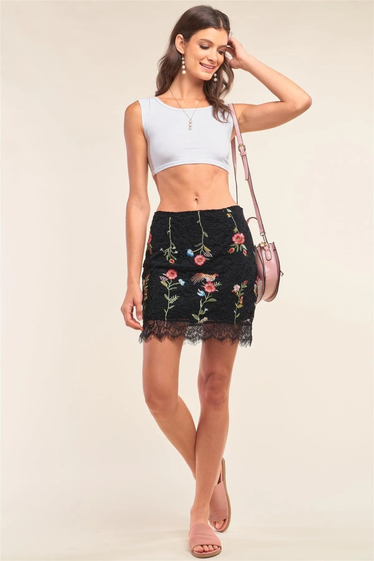 Black Floral Embroidery Lace Mesh High Waisted Scallop Hem Mini Skirt /1-2-2-1