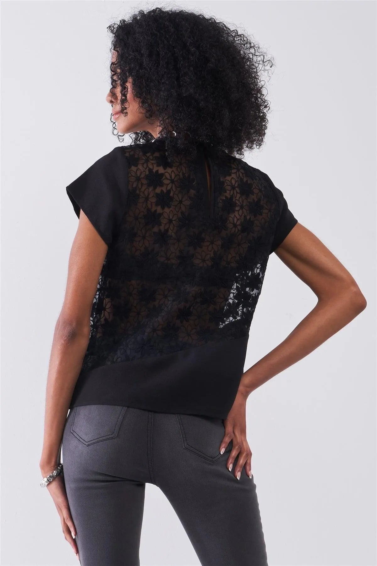 Black Floral Embroidery Round Neck Short Sleeve Sheer Regular Fit Top /1-1-2-1