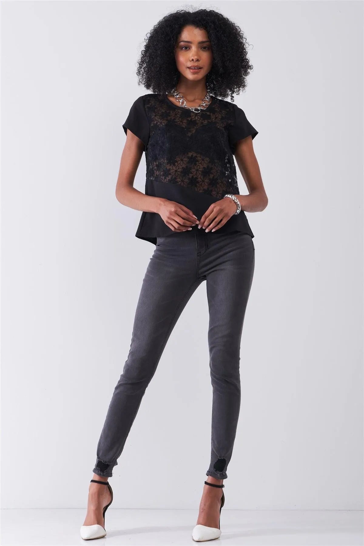 Black Floral Embroidery Round Neck Short Sleeve Sheer Regular Fit Top /1-1-2-1