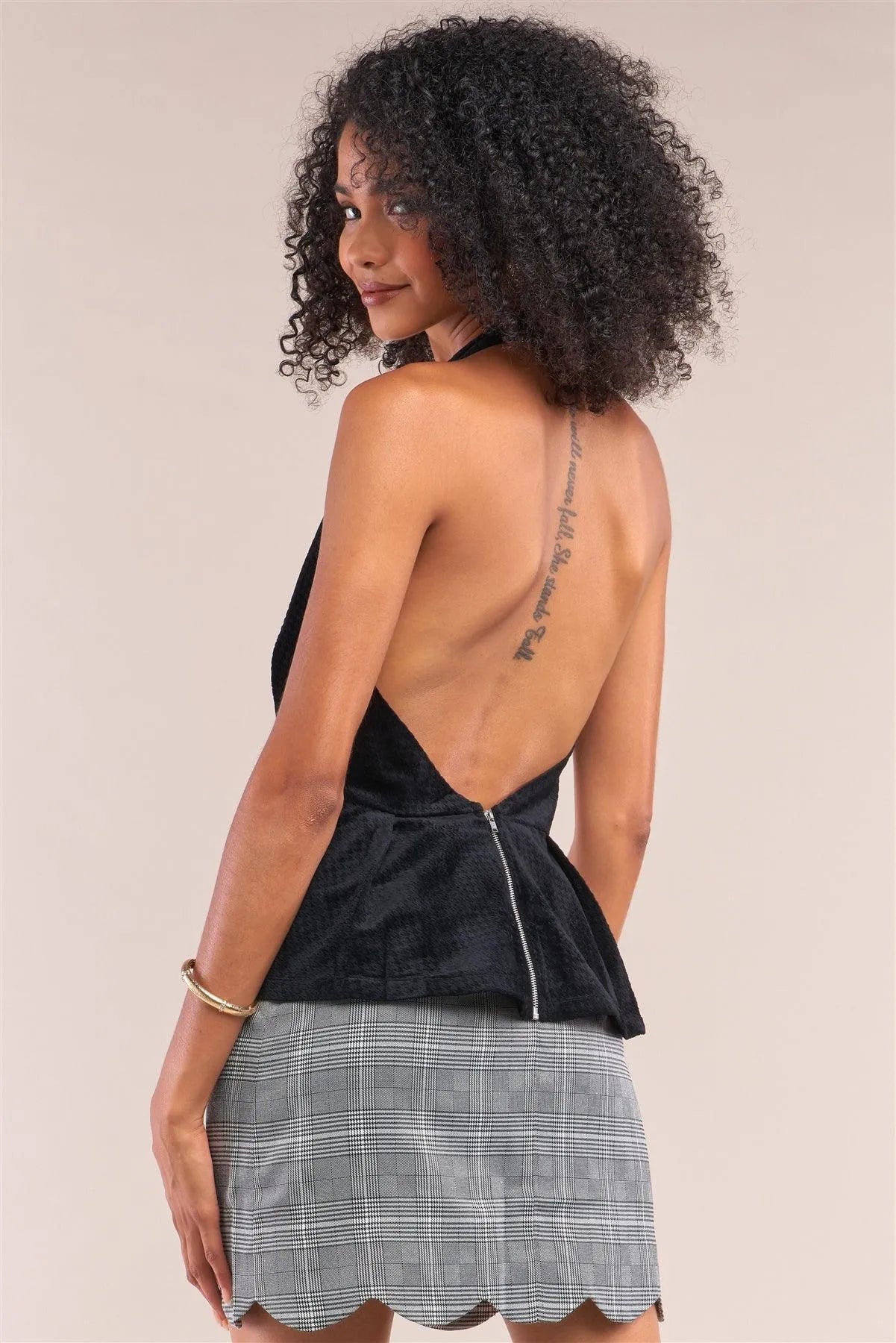 Black Houndstooth Print Sleeveless V-Neck Halter Neck Pleated Front Open Back Flare Top /1-2-2-1