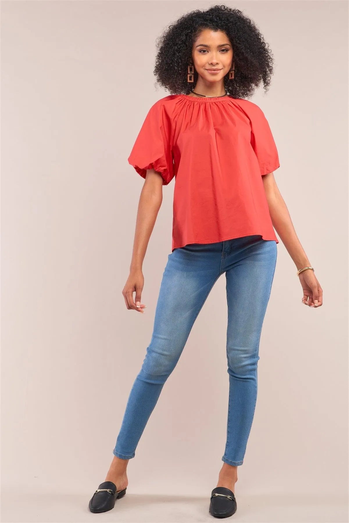 Apple Red Solid Loose Fit Crew Neck Puff Sleeve Detail Top /1-1-2-1