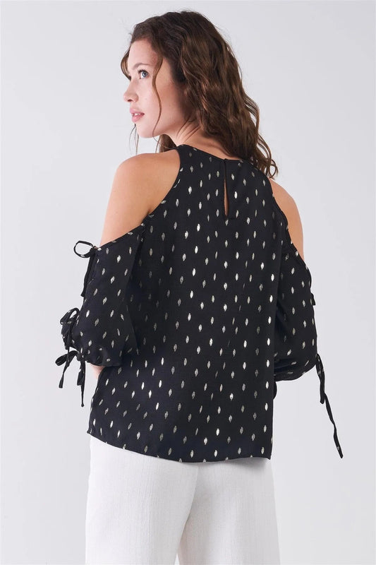 Black & Gold Print Cold Shoulder Detail Round Neck Self-Tie Balloon Sleeve Relaxed Top /2-2-1