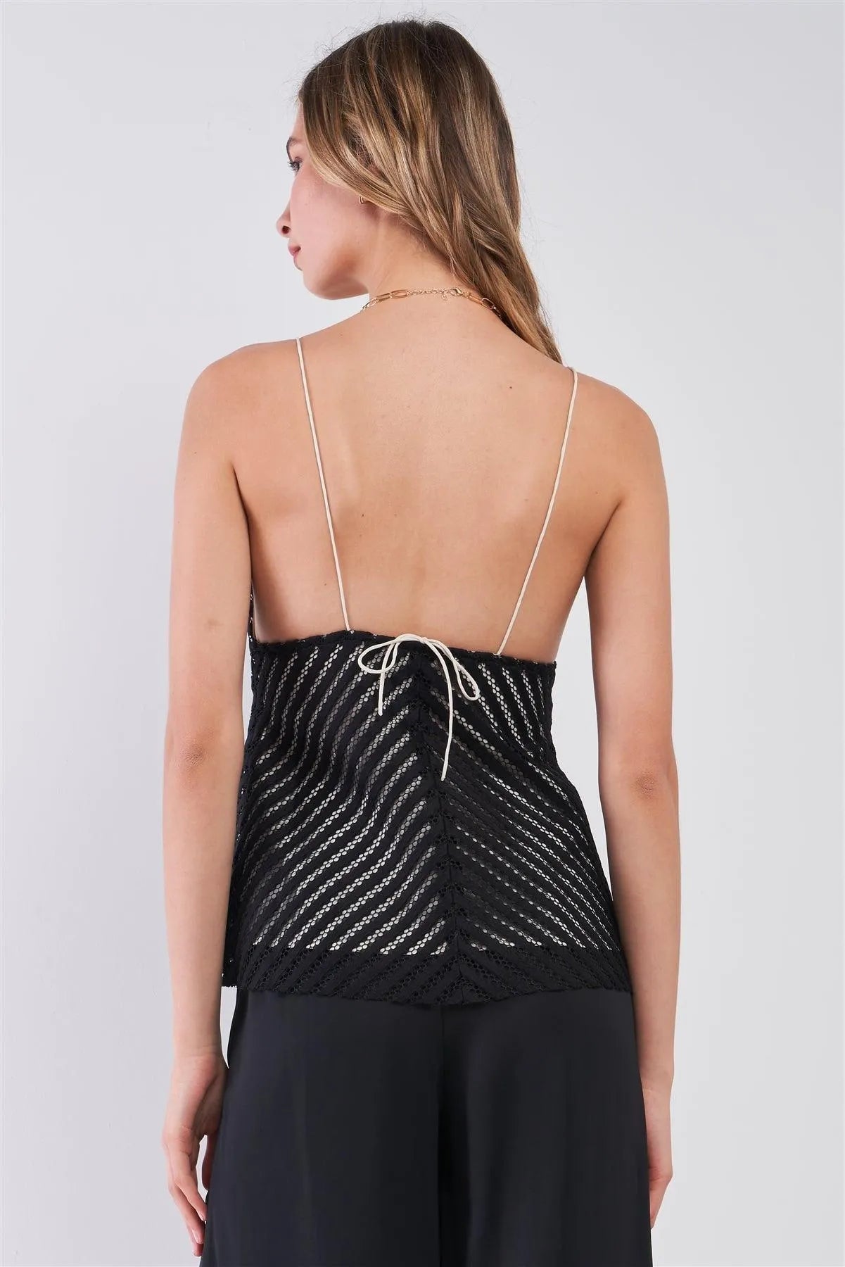 Black & White Sleeveless Striped Crocheted Sweetheart Neckline Self-Tie Spaghetti Straps Fit & Flare Top /1-2-2-1