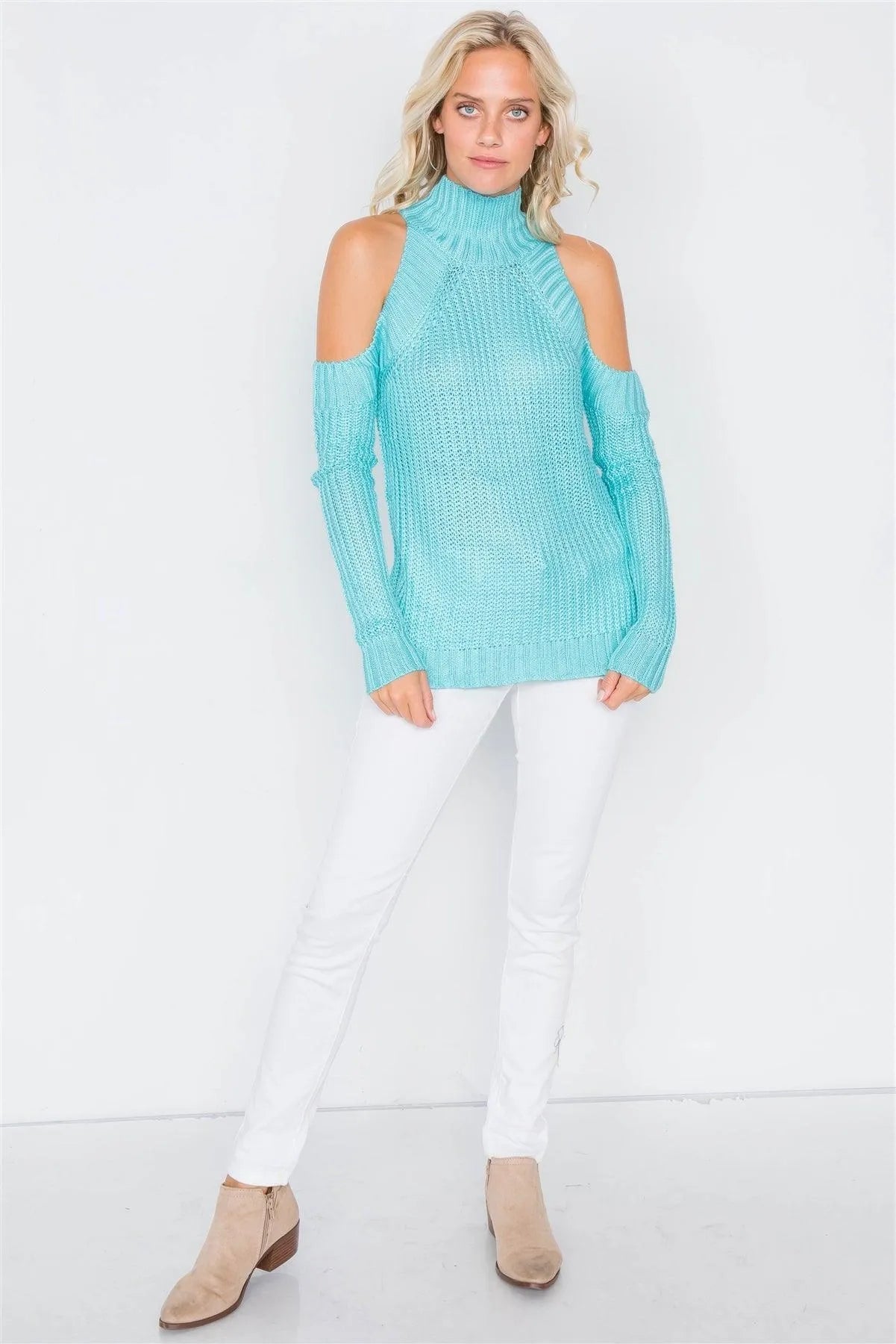 Aqua Cold Shoulder Knit Turtleneck Sweater /3-2-1