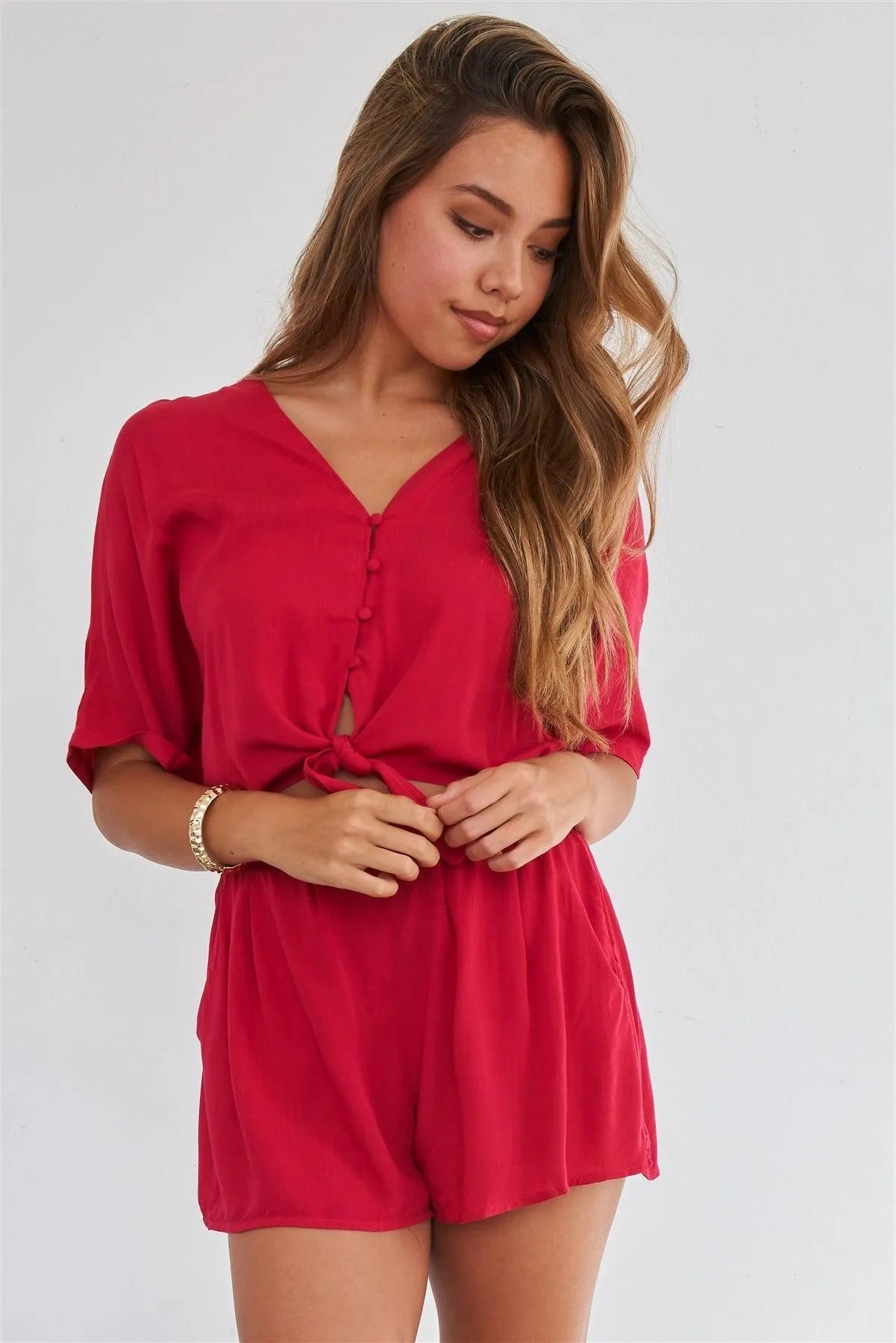 Berry Red Relaxed Fit Front Tie Side Pockets Short Sleeve Romper