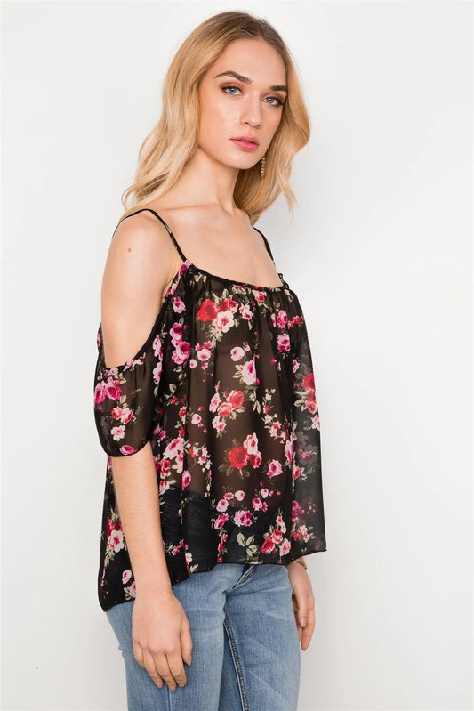 Black Floral Print Sheer Chiffon Cami Boho Top /2-2-2