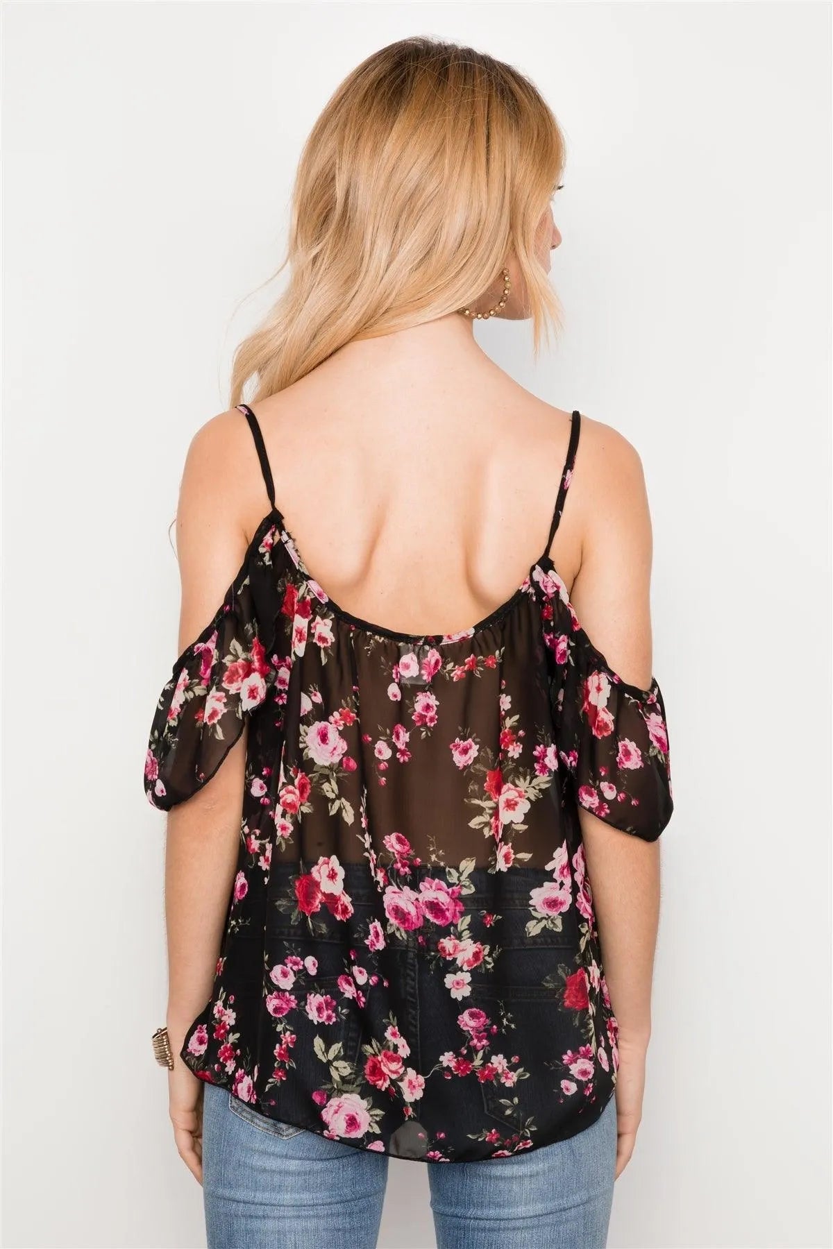 Black Floral Print Sheer Chiffon Cami Boho Top /2-2-2