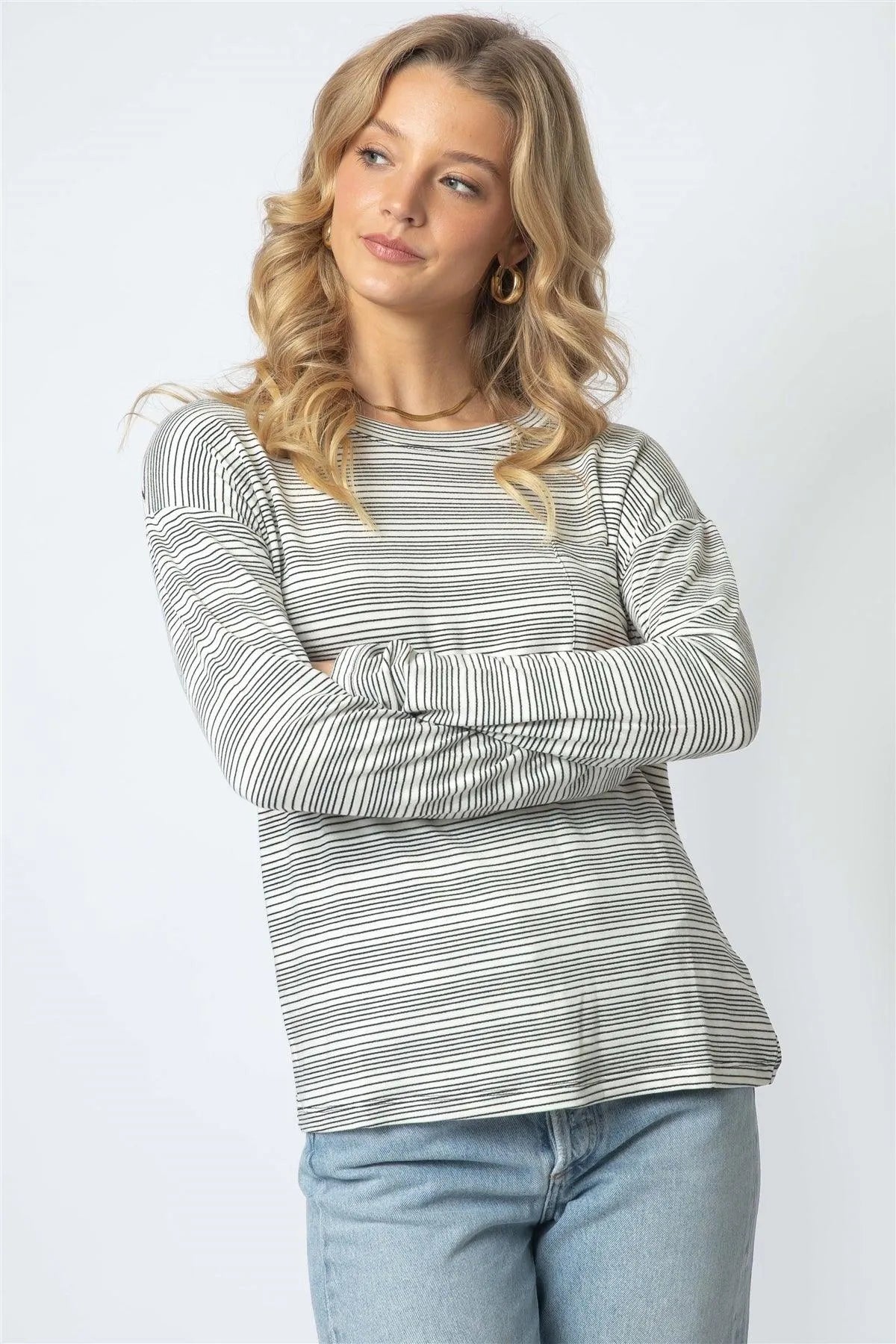 Black & Cream Stripe Long Sleeve Top /1-1-1
