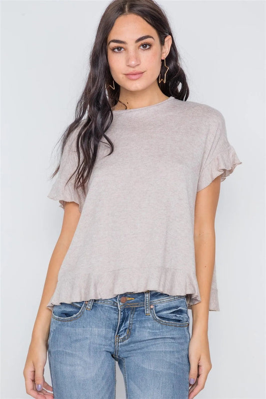 Beige Short Sleeve Surplice Back Ruffle Knit Top /3-3