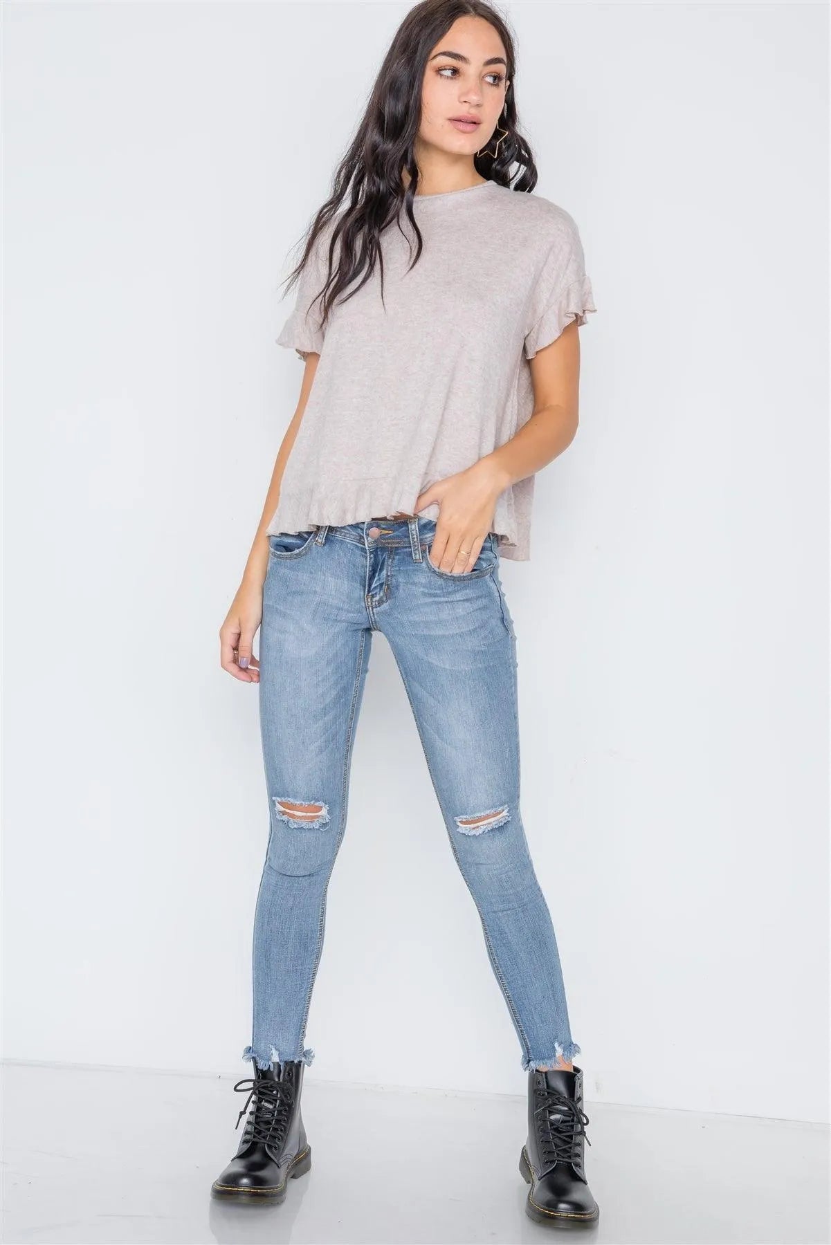 Beige Short Sleeve Surplice Back Ruffle Knit Top /3-3