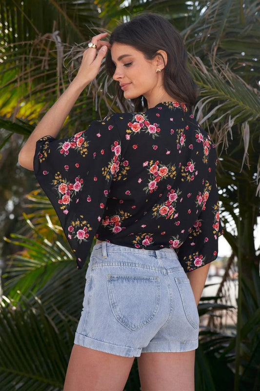 Black Floral Print Plunge Neck Self-Tie Front Wide Sleeve With Slit Cropped Top /2-2-2