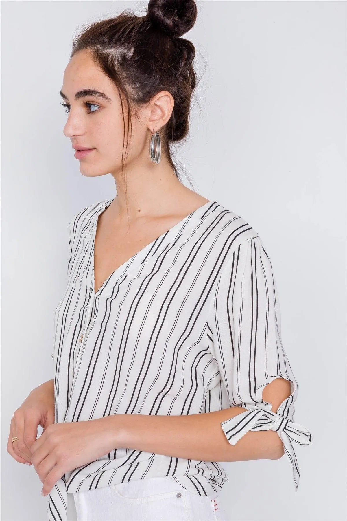 Black & White Stripe 3/4 Sleeve Tie Cuff Office Chic Blouse /3-1-2