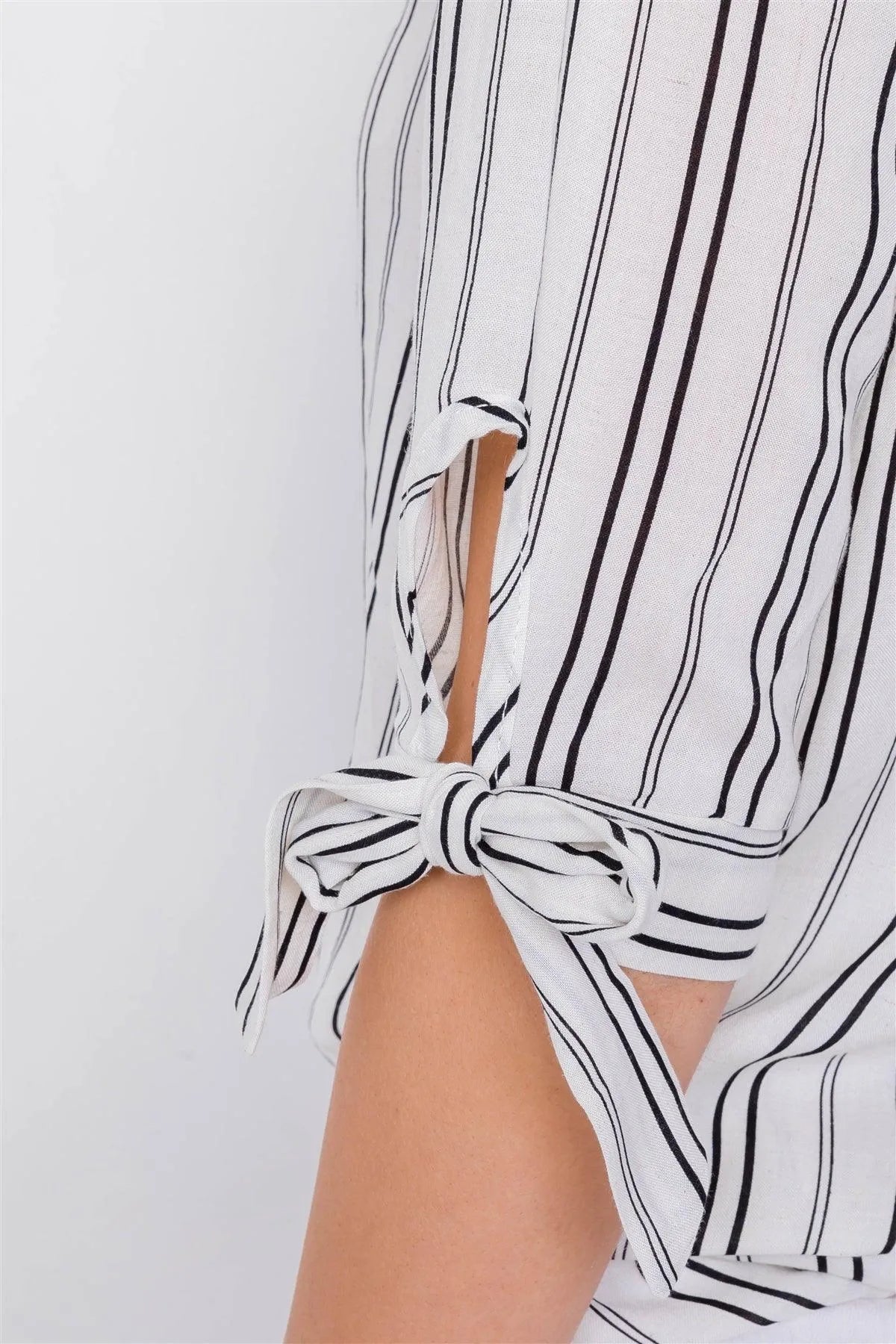 Black & White Stripe 3/4 Sleeve Tie Cuff Office Chic Blouse /3-1-2