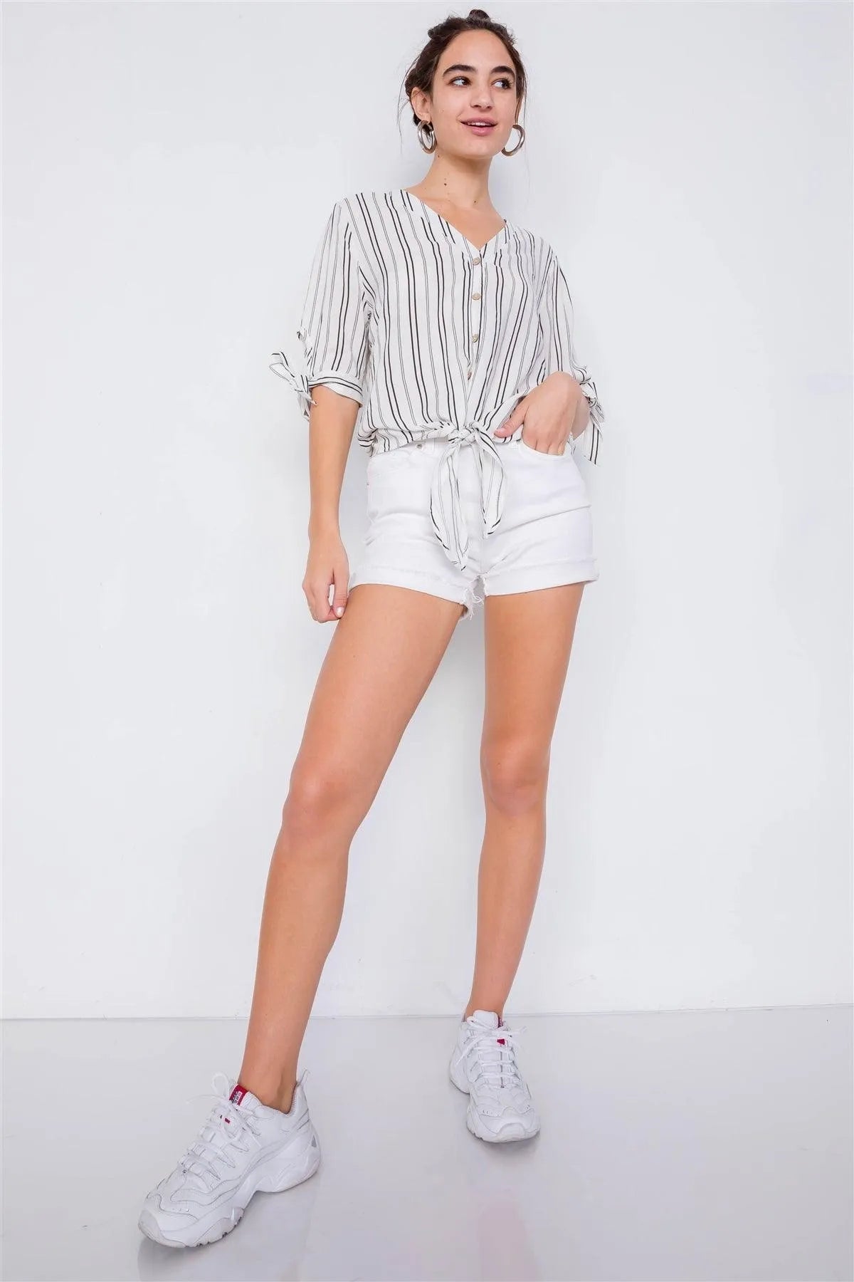 Black & White Stripe 3/4 Sleeve Tie Cuff Office Chic Blouse /3-1-2