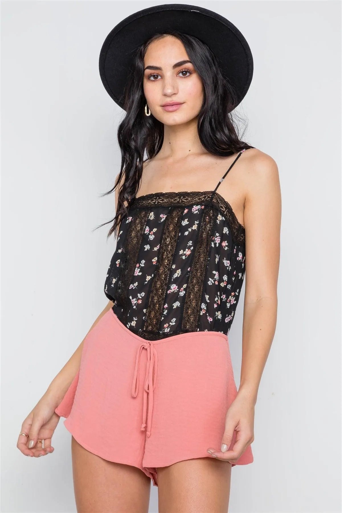 Black Floral Print Lace Trim Cami Sheer Top / 3-2-1