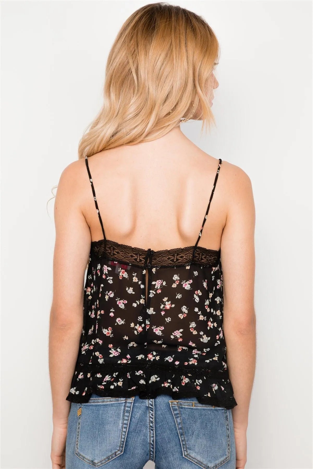Black Floral Print Lace Trim Cami Sheer Top / 3-2-1