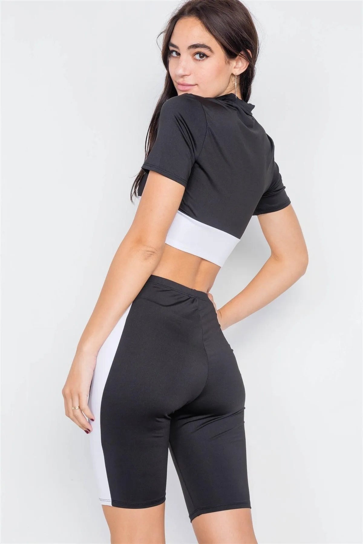 Black & White Contrast Trim Crop Pull Over & Mini Biker Short Set /2-2-1
