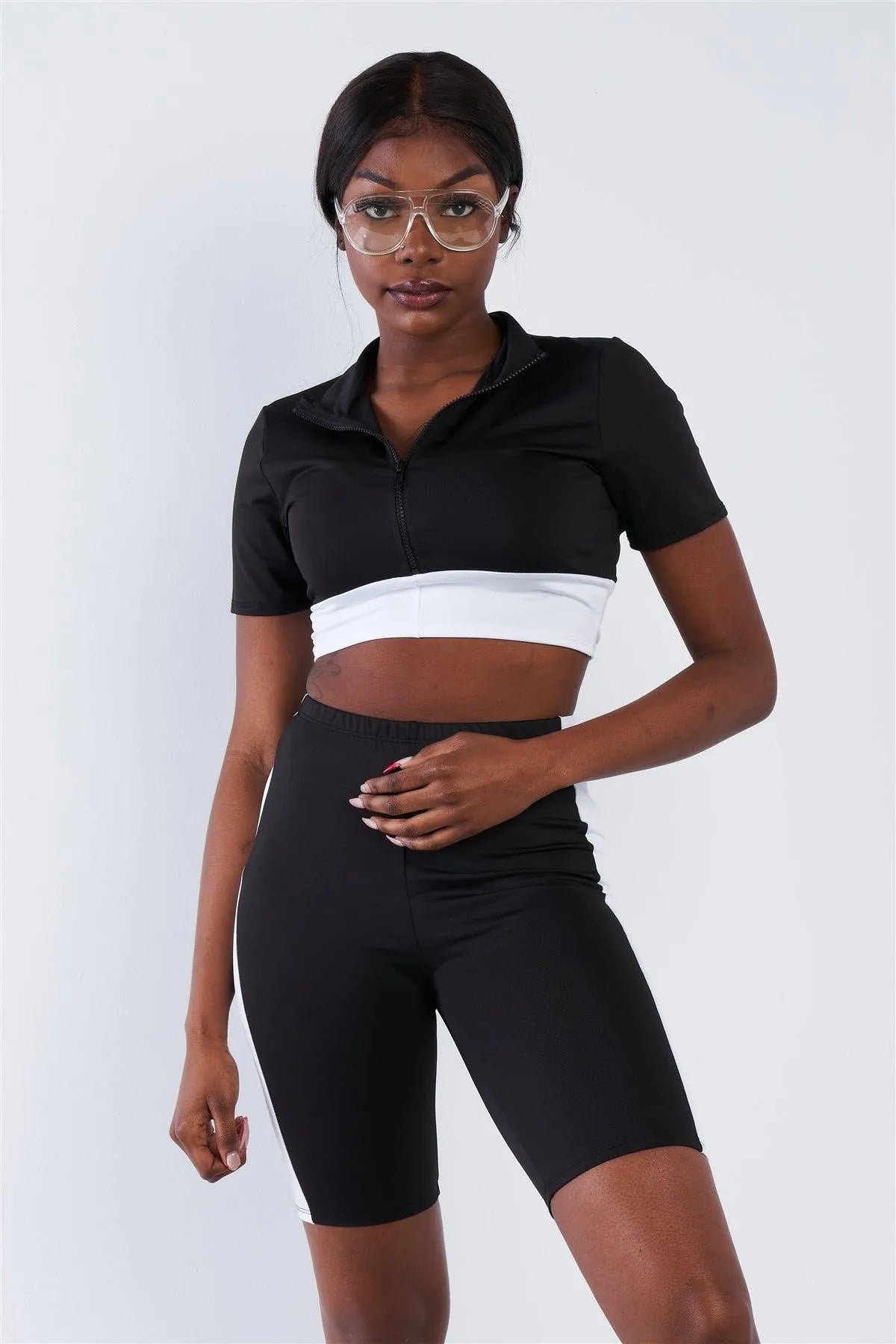 Black & White Contrast Trim Crop Pull Over & Mini Biker Short Set /3-2-1