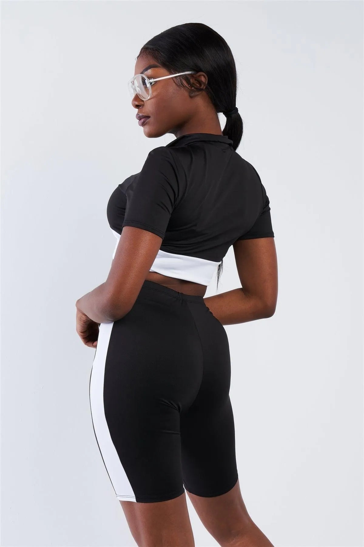 Black & White Contrast Trim Crop Pull Over & Mini Biker Short Set /3-2-1