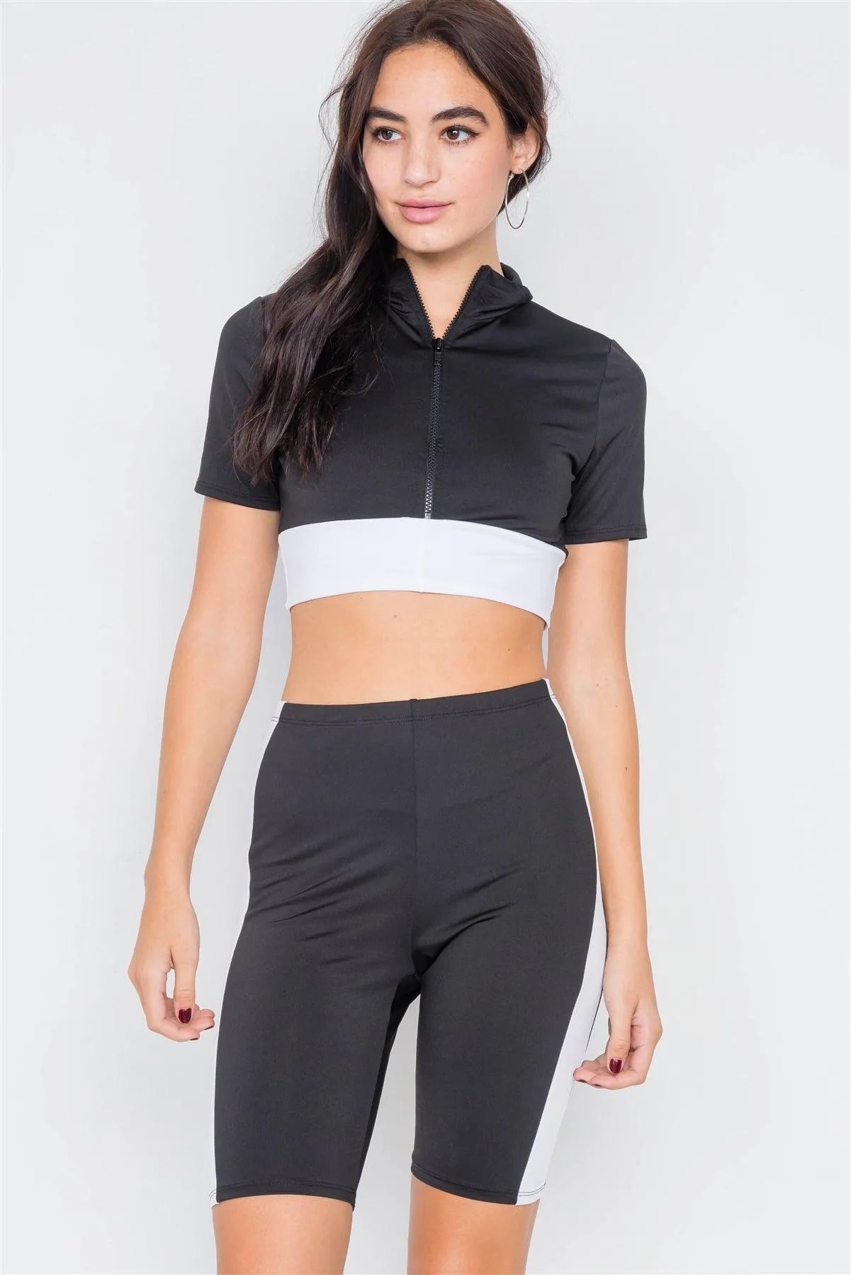 Black & White Contrast Trim Crop Pull Over & Mini Biker Short Set /3-2-1