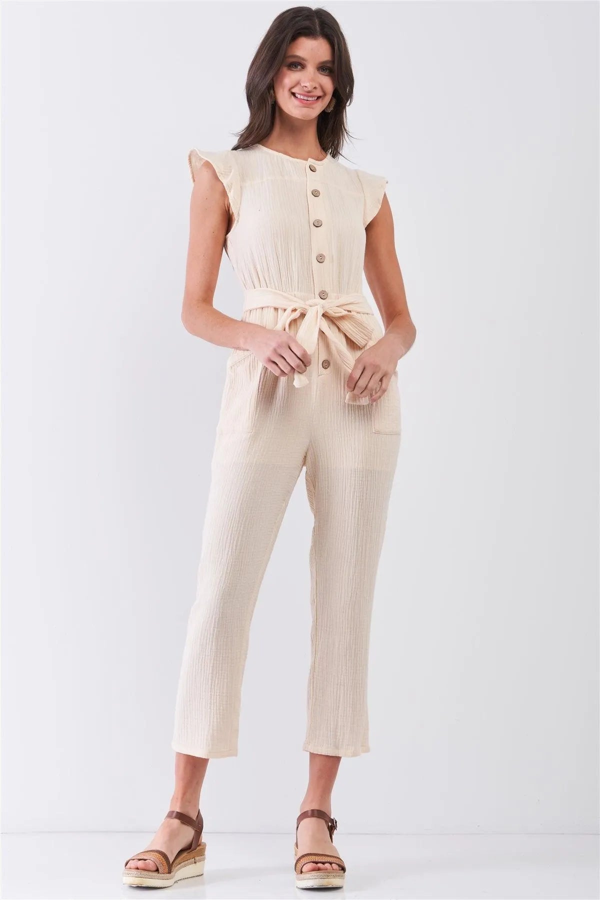 Beige Sleeveless Stylized Button-Down Front Detail Self-Tie Waist Capri Cotton Jumpsuit /3-2-1