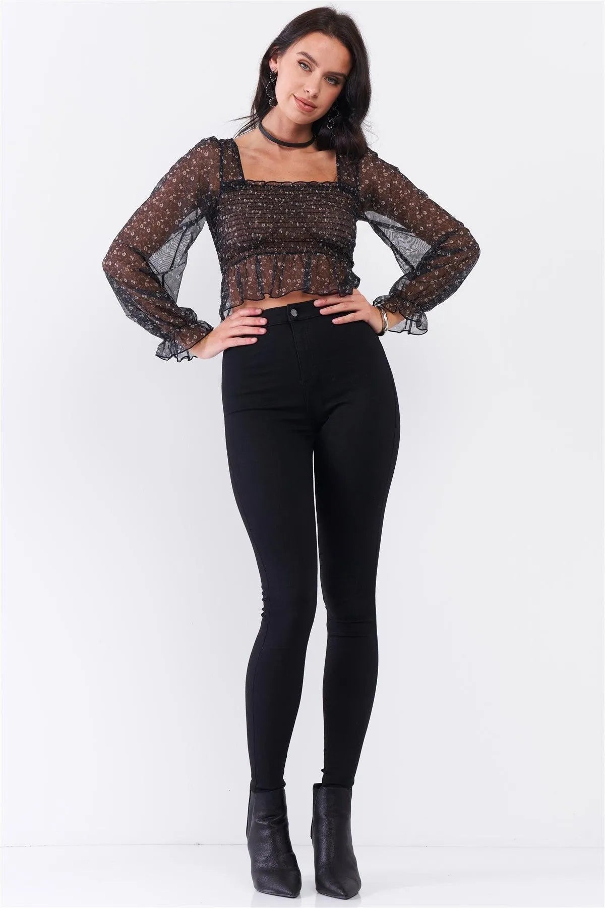 Black Floral Sheer Mesh Balloon Sleeve Criss-Cross Back Detail Smock Crop Top /3-2-1