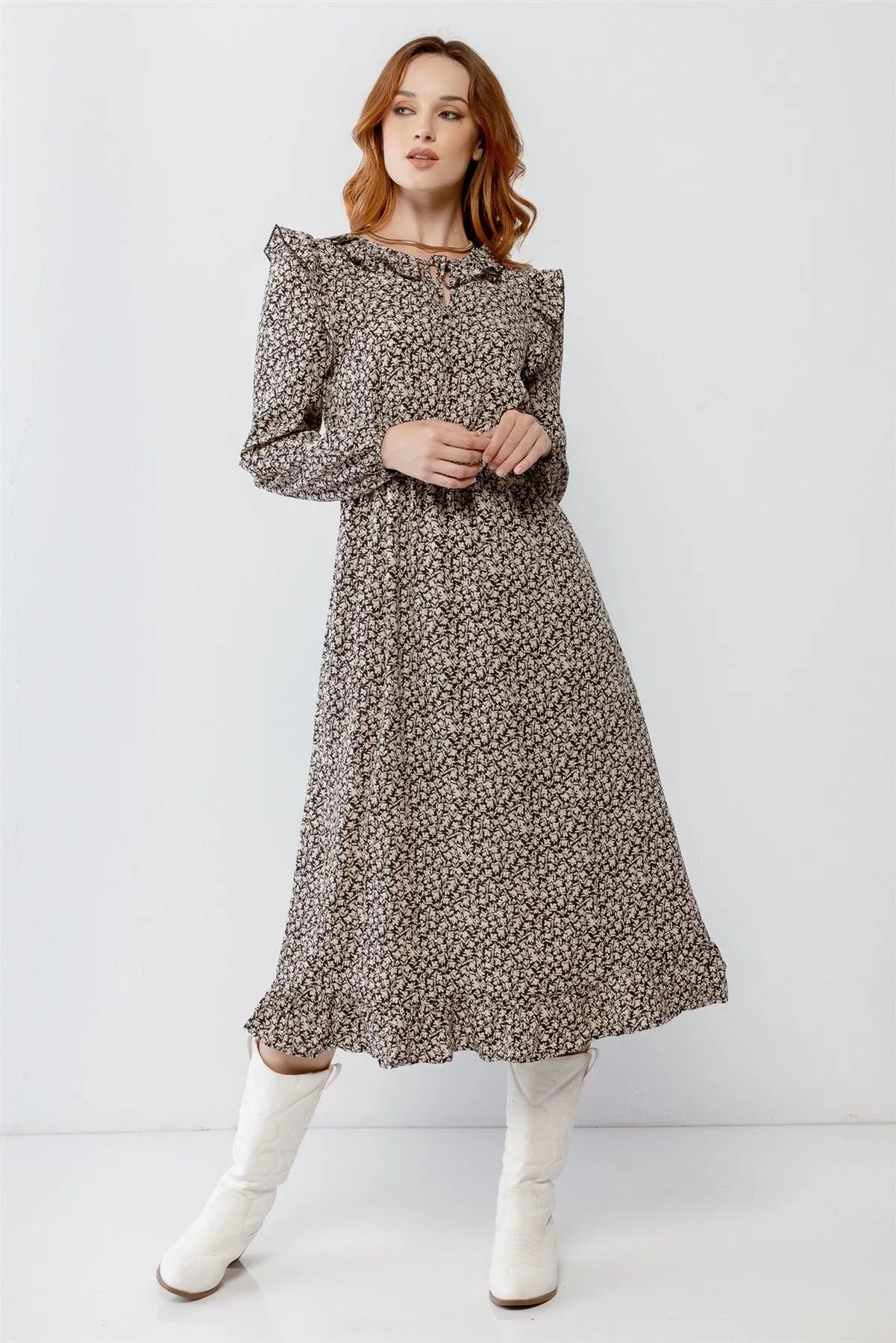 Black Flower Print Ruffle Crew Neck Cut-Out Detail Flare Hem Midi Dress /2-2-2