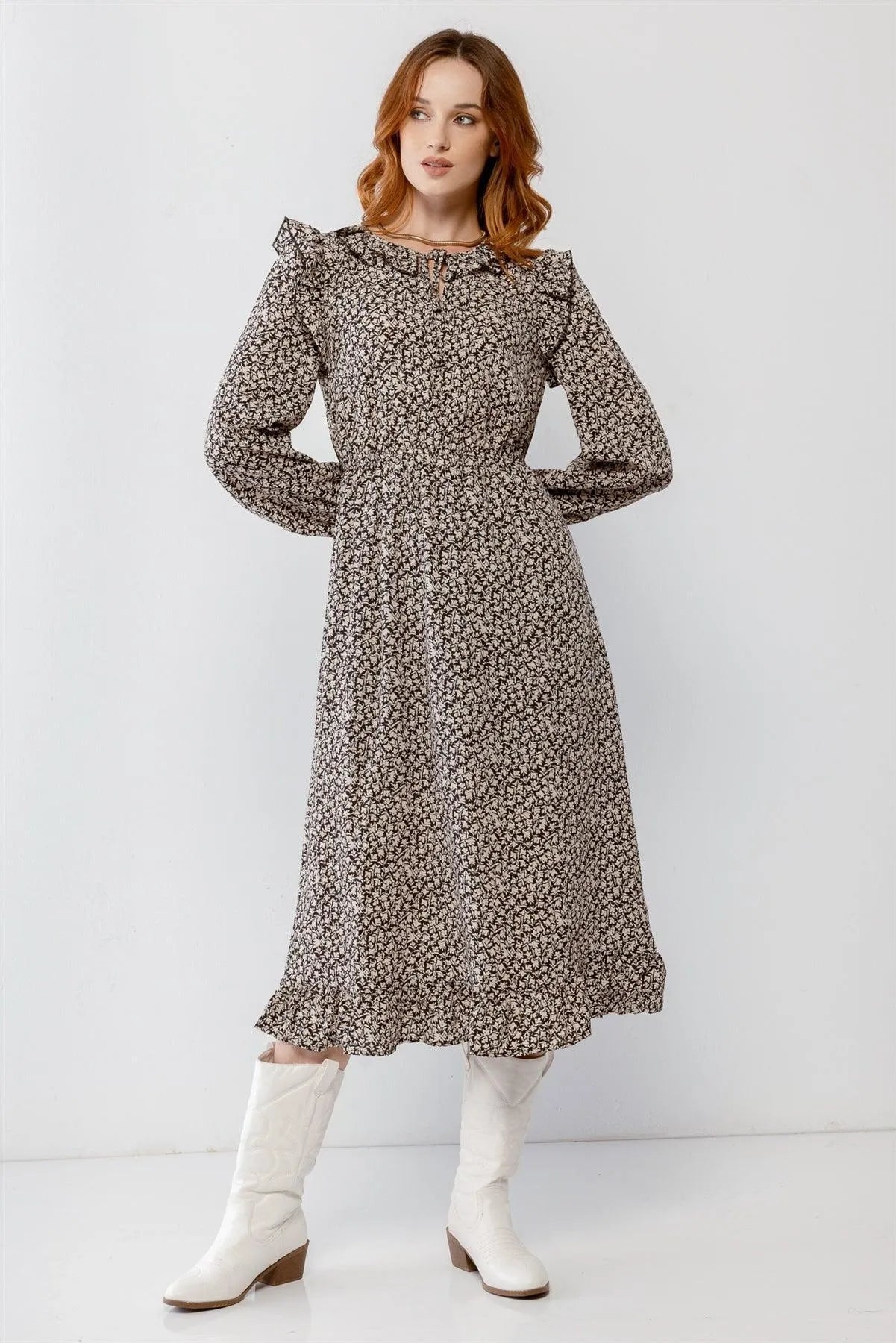 Black Flower Print Ruffle Crew Neck Cut-Out Detail Flare Hem Midi Dress /2-2-2