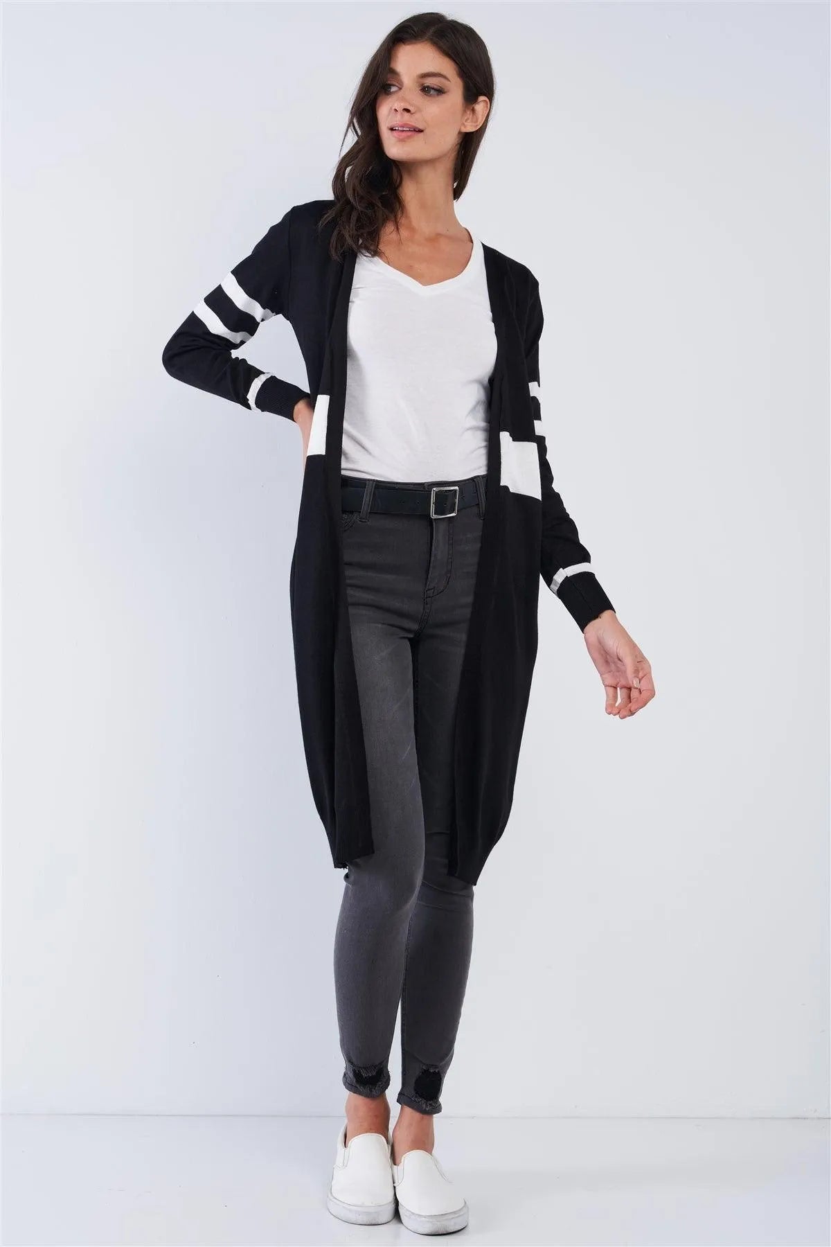 Black And White Open Front Stripe Long Sleeve Casual Cardigan /OS