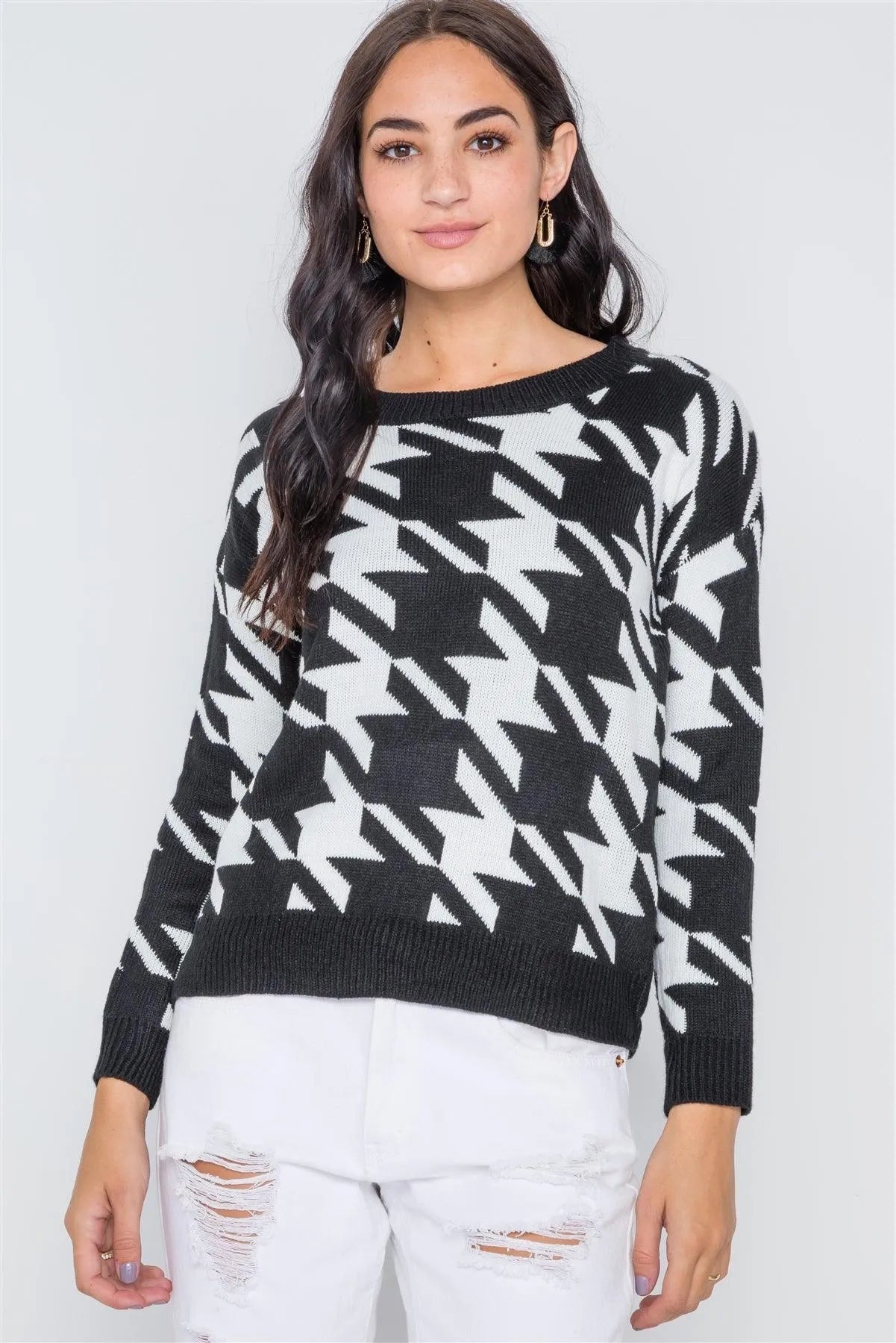 Black Geo Print Color Block Knit Sweater /3-2