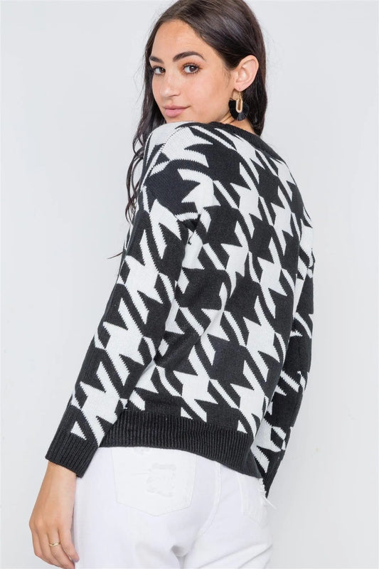 Black Geo Print Color Block Knit Sweater /3-2