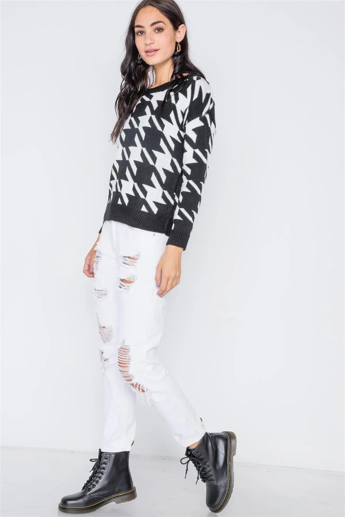 Black Geo Print Color Block Knit Sweater /3-2