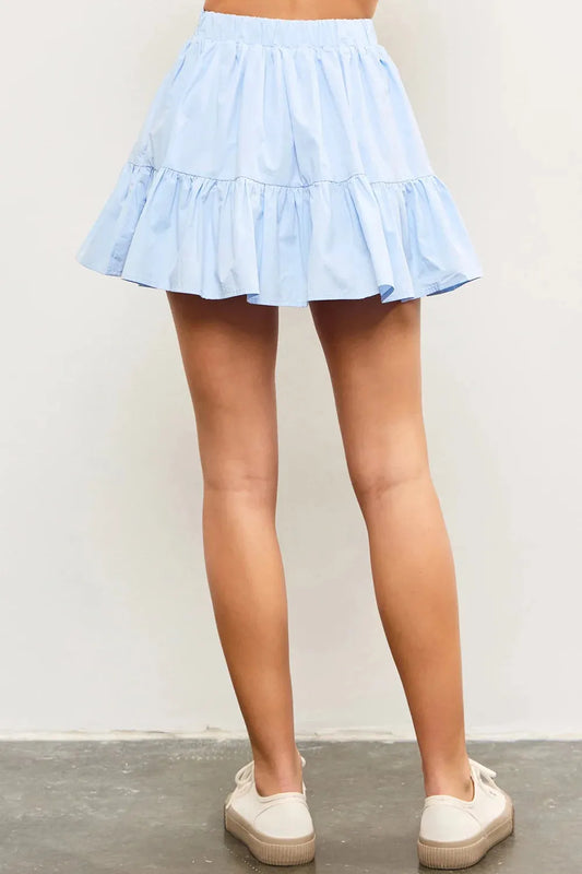 Baby Blue Tiered Ruffle Elastic Waistband Side Pocket Mini Skort