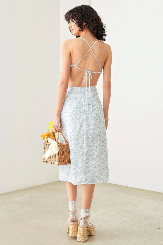 Asymmetric Spaghetti Strap Back Tie Slit Midi Dress