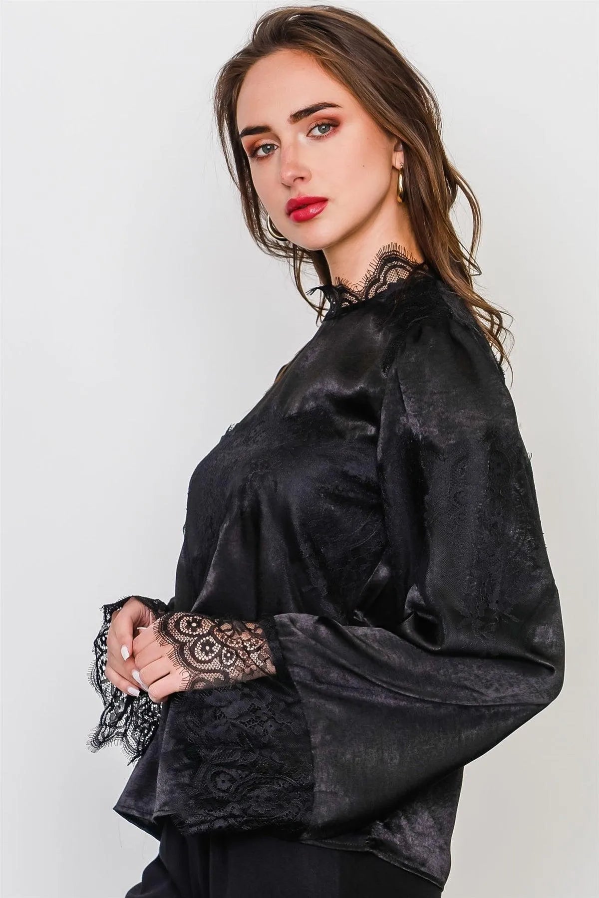 Black Floral Lace Inset High Neck Top /3-2-1