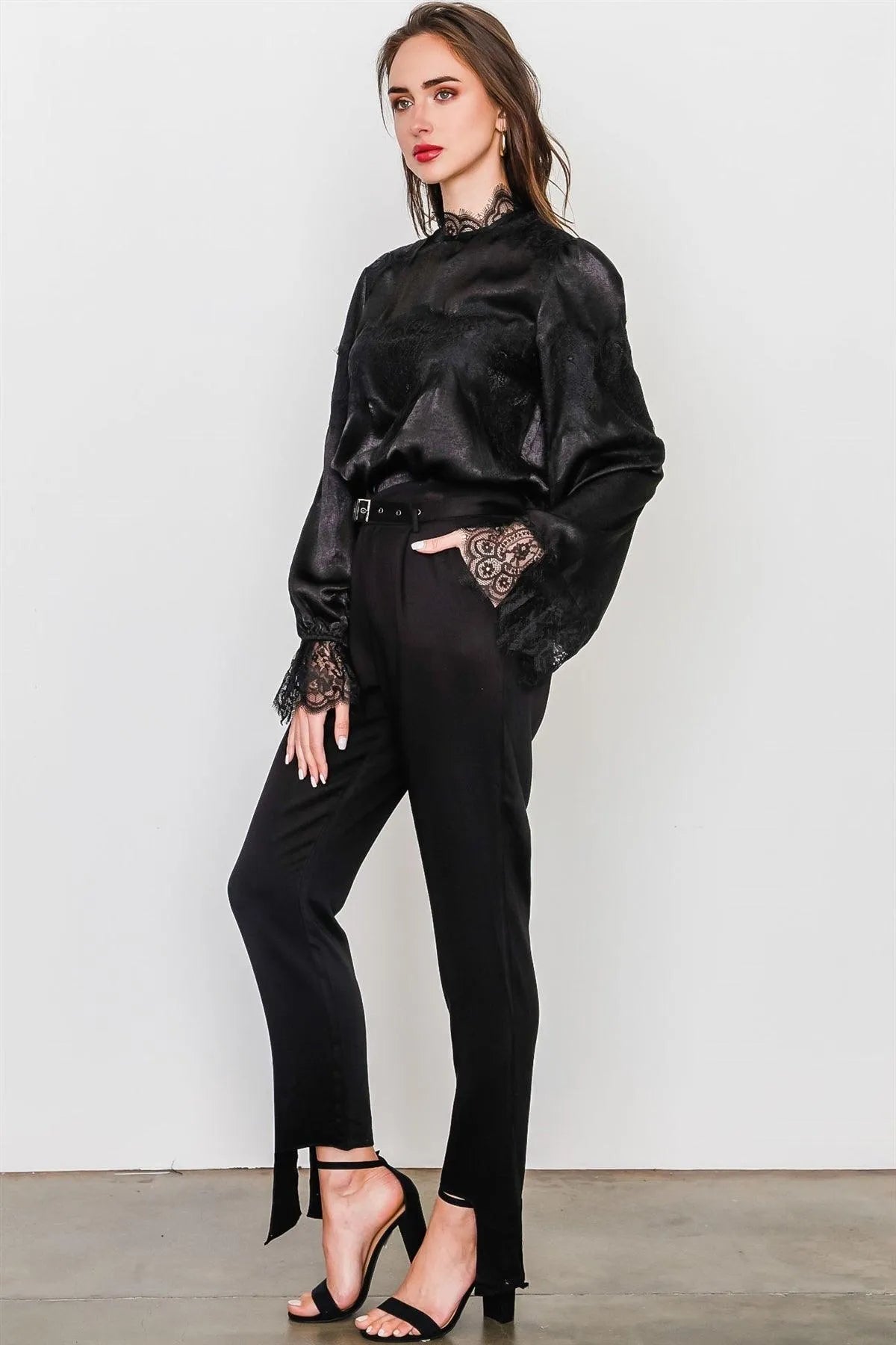 Black Floral Lace Inset High Neck Top /3-2-1