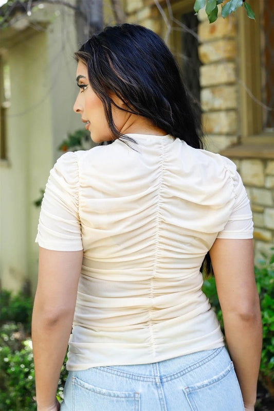 Beige Mesh Ruched Cut-Out Detail Short Sleeve Top /2-2-2
