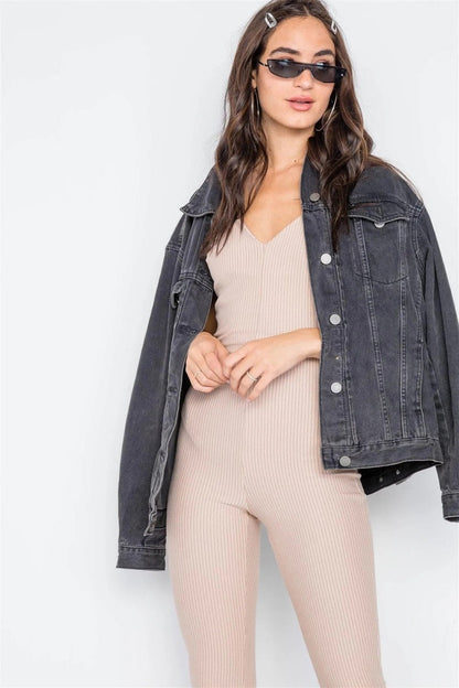 Beige Pinstripe V-neck Skinny Leg Jumpsuit