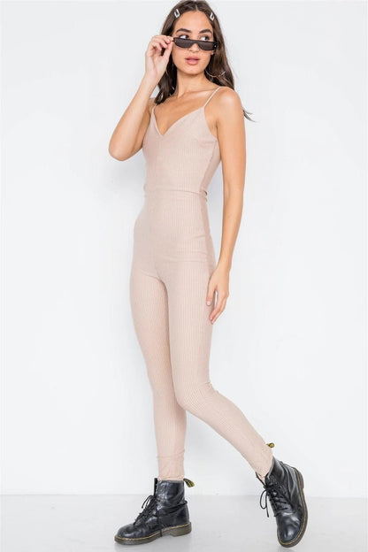 Beige Pinstripe V-neck Skinny Leg Jumpsuit