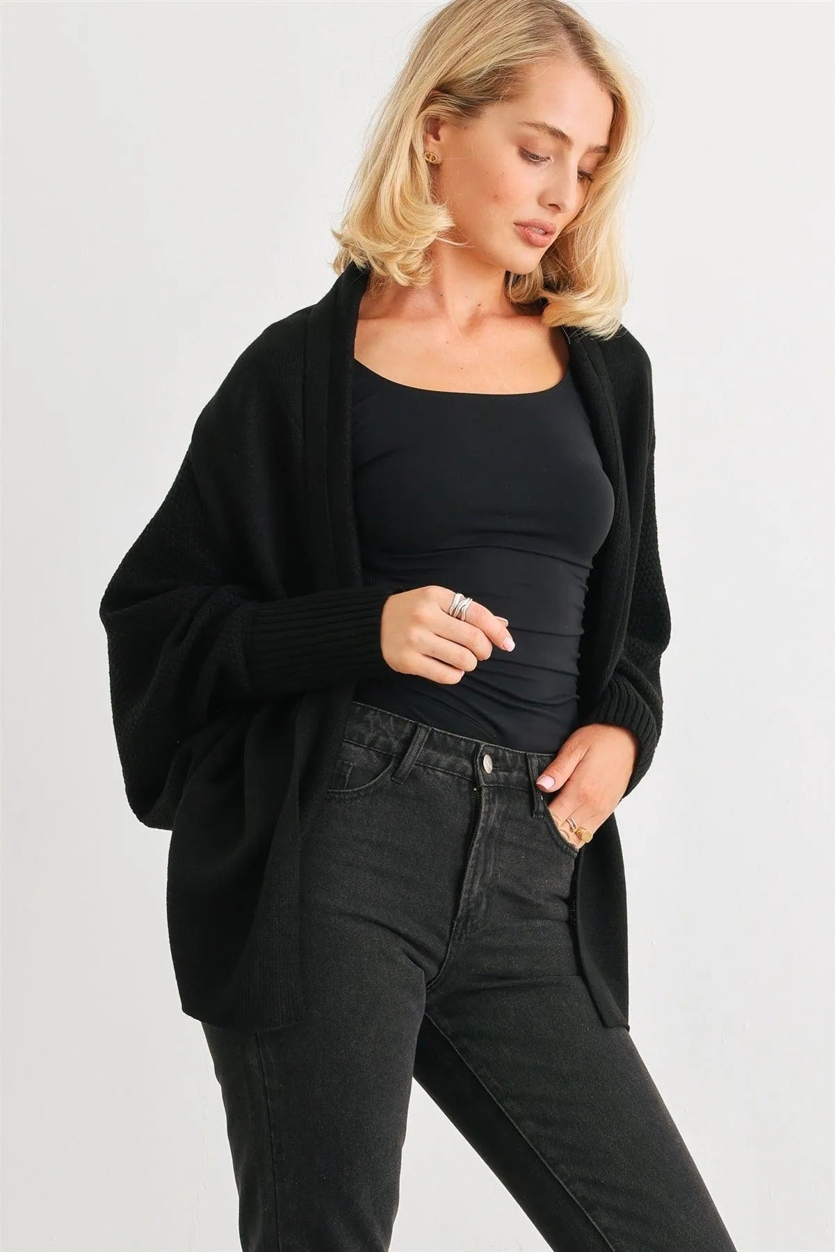 Black Knit Batwing Sleeve Open Front Cardigan /2-2-2