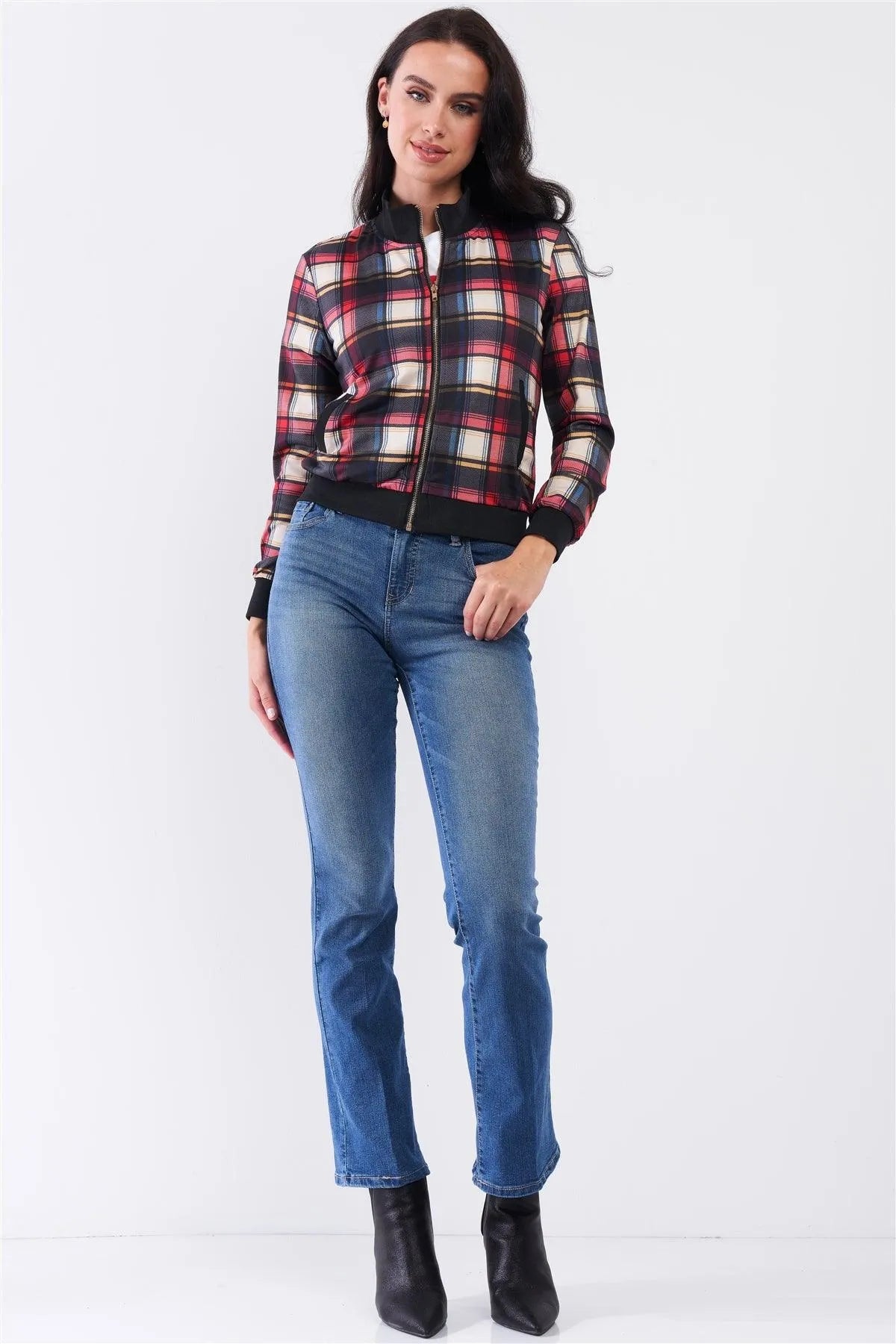 Beige Multicolor Flannel Check Print Two Pockets Detail Front Zip-Up Light Bomber Jacket /1-1-1-1