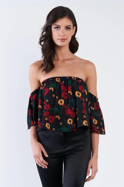 Black Floral Off The Shoulder Bell Sleeve Top /2-2-2