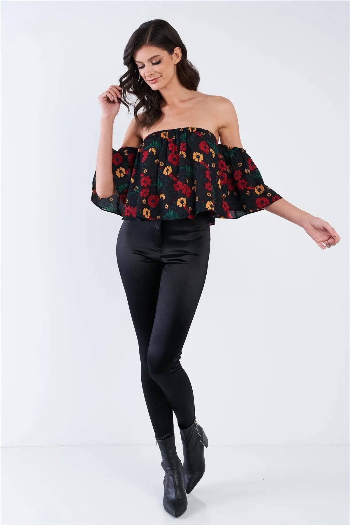Black Floral Off The Shoulder Bell Sleeve Top /2-2-2