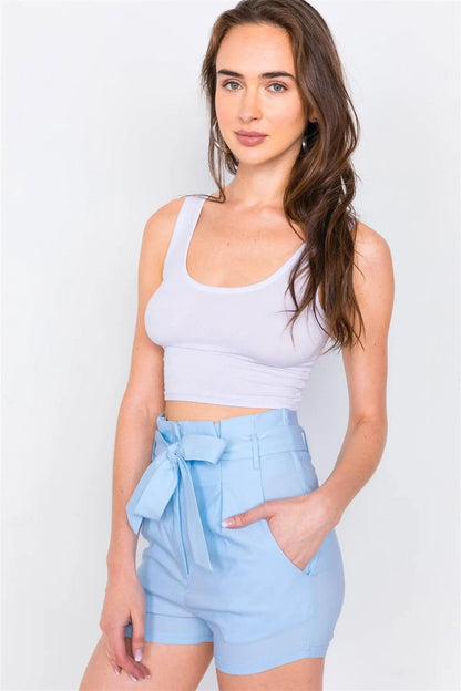 Baby Blue Pleated Vintage High-Waist Chic Mini Shorts