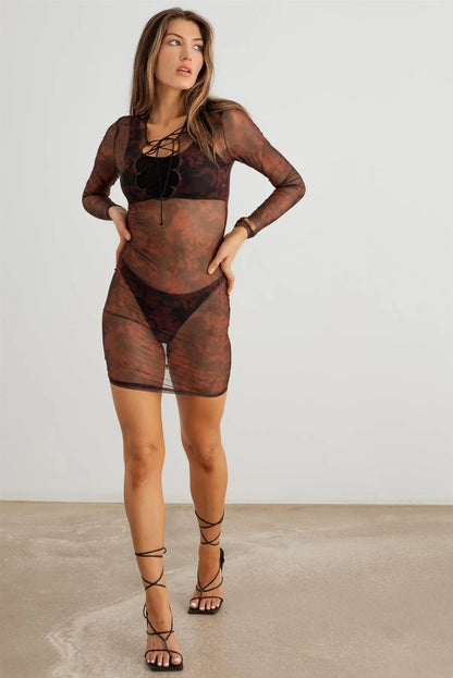 Abstract Mesh Lace-Up Neck Long Sleeve Mini Dress