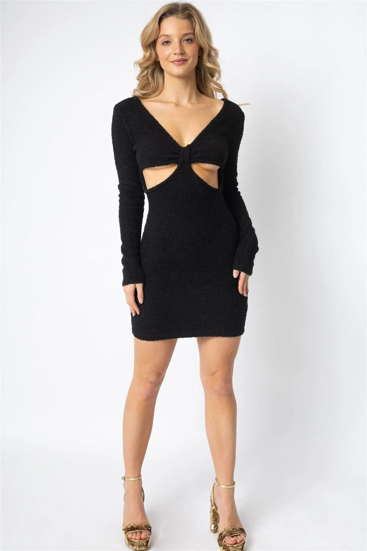 Black Fluffy Bow Cut-Out Detail Long Sleeve Mini Dress /2-2-1