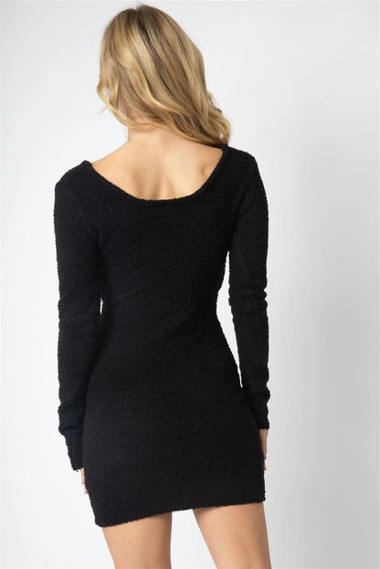 Black Fluffy Bow Cut-Out Long Sleeve Mini Dress